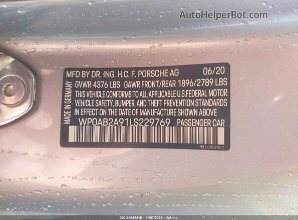 WP0AB2A91LS229769 2020 PORSCHE 911 Серебряный Вид подкапотного пространства