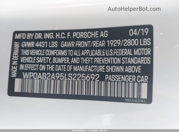 WP0AB2A95LS225692 2020 PORSCHE 911 White Widok komory silnika