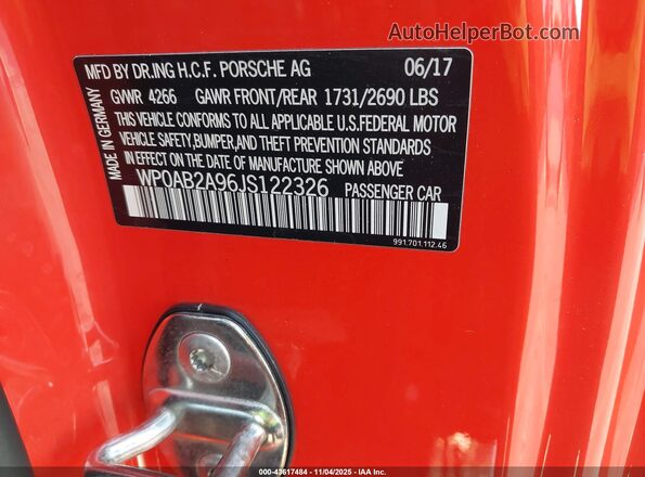 WP0AB2A96JS122326 2018 PORSCHE 911 Orange Widok komory silnika