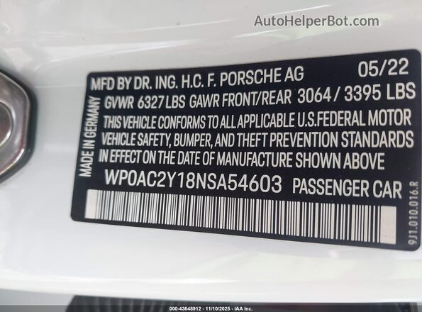 WP0AC2Y18NSA54603 2022 PORSCHE TAYCAN Белый Вид подкапотного пространства
