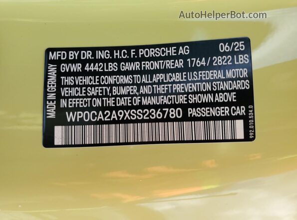 WP0CA2A9XSS236780 2025 PORSCHE 911 Зеленый Вид наклейки с VIN-кодом
