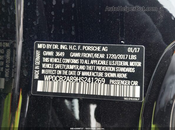 WP0CB2A89HS241269 2017 PORSCHE 718 BOXSTER Black Շարժիչի բաժամունքի տեսք