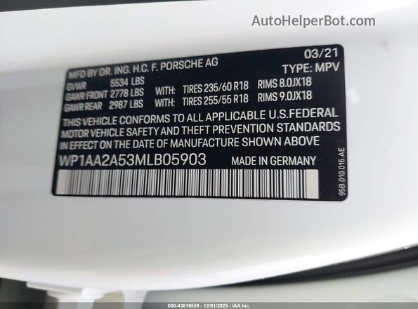 WP1AA2A53MLB05903 2021 PORSCHE MACAN Белый Вид подкапотного пространства