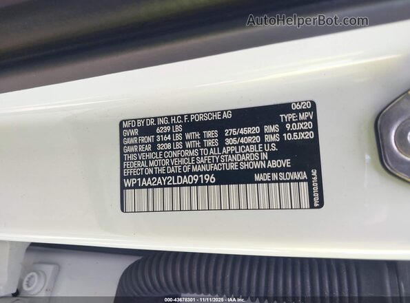 WP1AA2AY2LDA09196 2020 PORSCHE CAYENNE White ძრავის განყოფილების ხედი