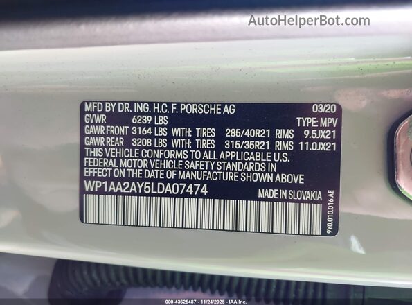 WP1AA2AY5LDA07474 2020 PORSCHE CAYENNE Gray Widok komory silnika