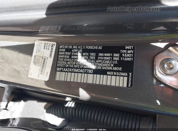WP1AA2AYXMDA07780 2021 PORSCHE CAYENNE Black Շարժիչի բաժամունքի տեսք