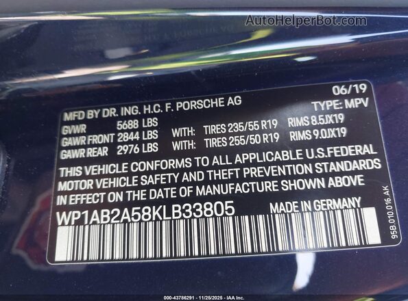 WP1AB2A58KLB33805 2019 PORSCHE MACAN Dark Blue Вид подкапотного пространства