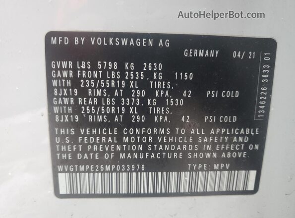 WVGTMPE25MP033976 2021 VOLKSWAGEN ID.4 White VIN კოდის სტიკერის ხედი