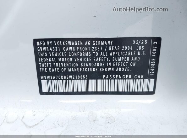 WVW3A7CD8SW219855 2025 VOLKSWAGEN GOLF White ძრავის განყოფილების ხედი