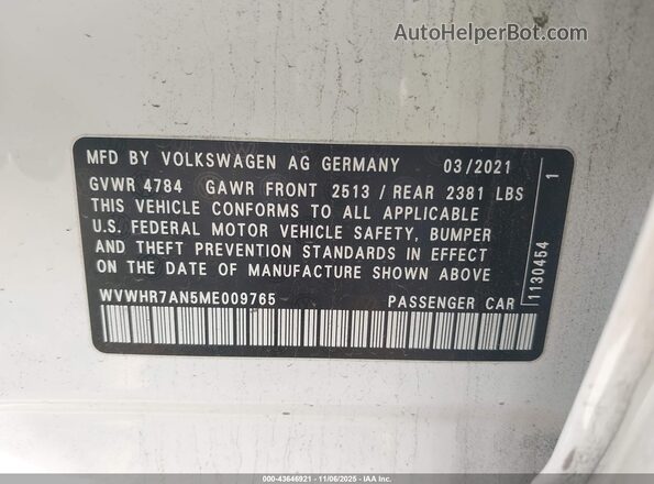 WVWHR7AN5ME009765 2021 VOLKSWAGEN ARTEON White ძრავის განყოფილების ხედი