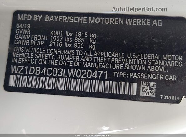 WZ1DB4C03LW020471 2020 TOYOTA GR SUPRA White Շարժիչի բաժամունքի տեսք