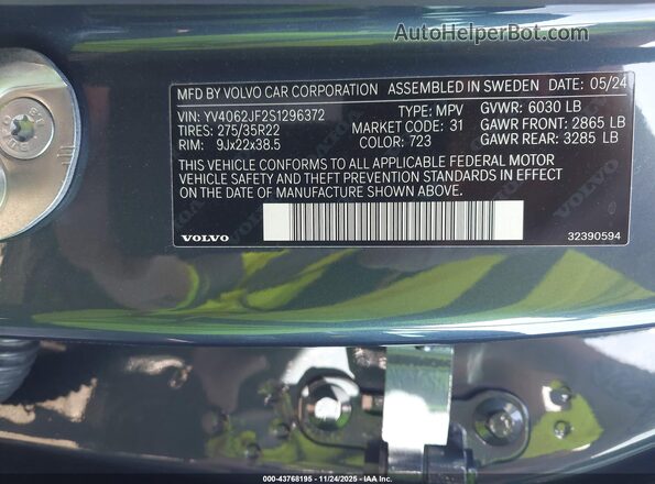 YV4062JF2S1296372 2025 VOLVO XC90 Blue Engine compartment view