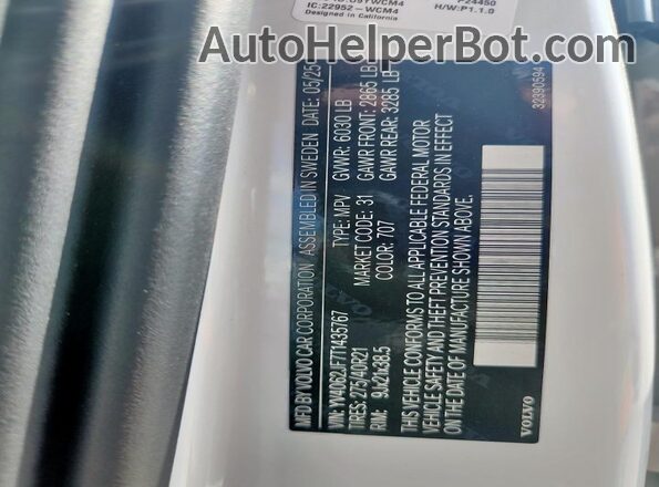 YV4062JF7T1435767 2026 VOLVO XC90 Белый Вид наклейки с VIN-кодом