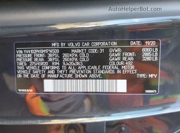 YV4102PK6M1714509 2021 VOLVO XC90 Серый Вид наклейки с VIN-кодом