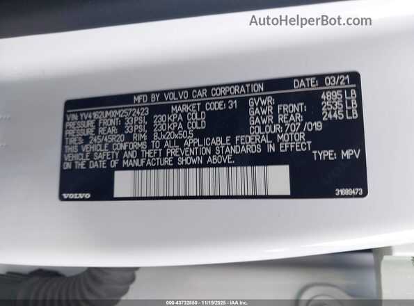 YV4162UMXM2572423 2021 VOLVO XC40 White Widok komory silnika