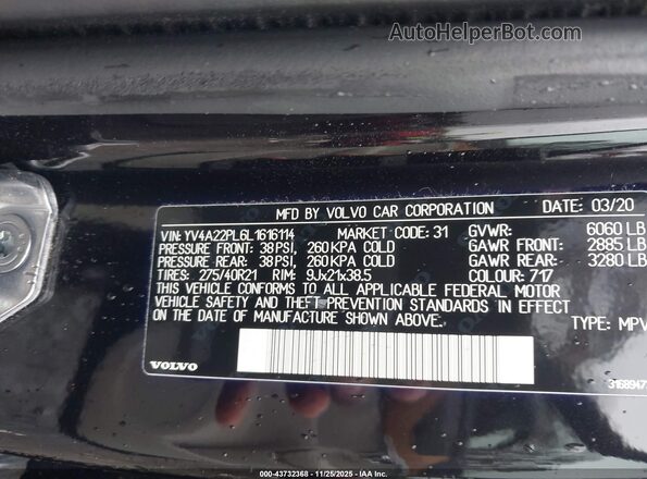 YV4A22PL6L1616114 2020 VOLVO XC90 Black Շարժիչի բաժամունքի տեսք