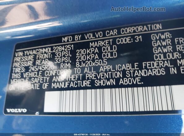 YV4AC2HM0L2284251 2020 VOLVO XC40 Blue Вид підкапотного простору
