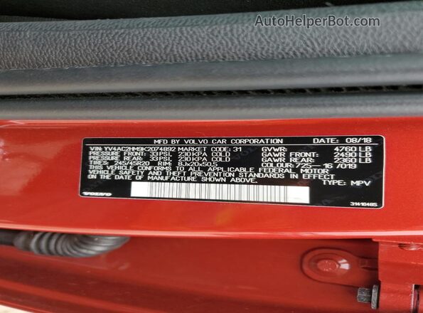 YV4AC2HM9K2074892 2019 VOLVO XC40 Красный Вид наклейки с VIN-кодом