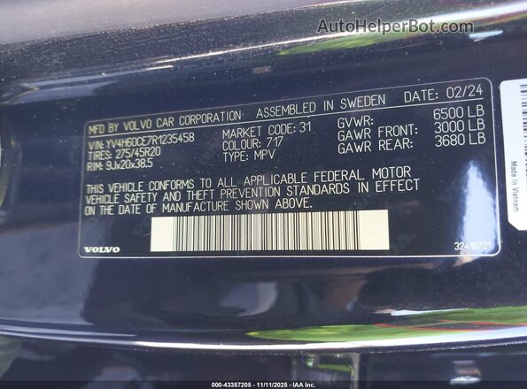 YV4H60CE7R1235458 2024 VOLVO XC90 RECHARGE PLUG-IN HYBRID Черный Вид подкапотного пространства