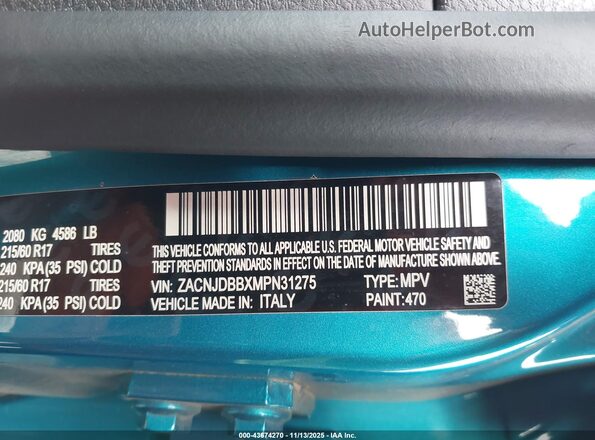 ZACNJDBBXMPN31275 2021 JEEP RENEGADE Green Engine compartment view