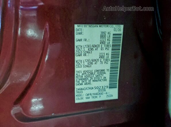 1N6BA1F24GN502329 2016 NISSAN TITAN Красный Вид наклейки с VIN-кодом