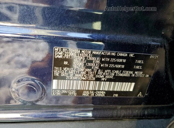 2T3E6RFV2MW013538 2021 TOYOTA RAV4 Синий Панорамный вид салона 360°