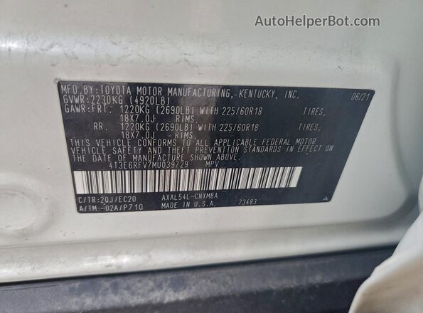4T3E6RFV7MU039729 2021 TOYOTA RAV4 Белый Панорамный вид салона 360°