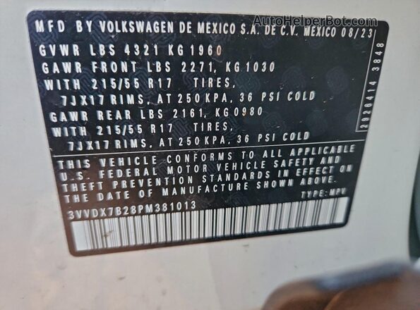 3VVDX7B28PM381013 2023 VOLKSWAGEN TAOS Белый Вид наклейки с VIN-кодом
