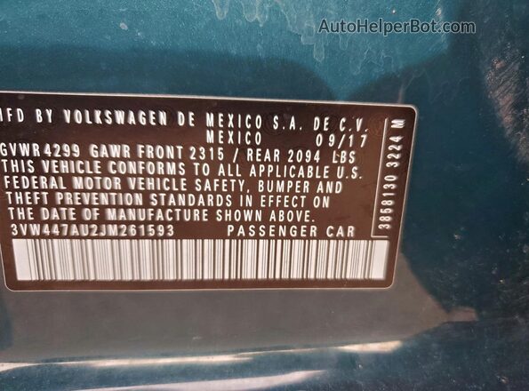 3VW447AU2JM261593 2018 VOLKSWAGEN GTI Green Vista de la etiqueta del VIN