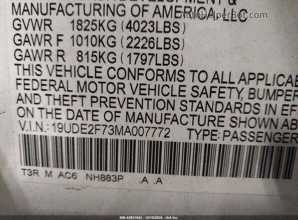 19UDE2F73MA007772 2021 ACURA ILX White Widok komory silnika