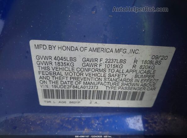 19UDE2F84LA012373 2020 ACURA ILX Синий Вид подкапотного пространства
