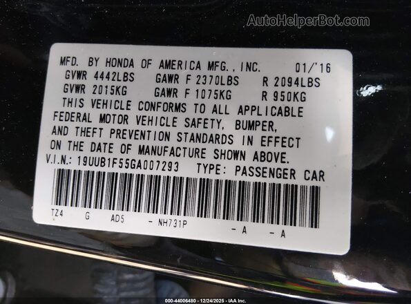 19UUB1F55GA007293 2016 ACURA TLX Черный Вид подкапотного пространства