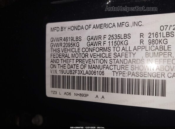 19UUB2F3XLA006106 2020 ACURA TLX Black Vista del compartimento del motor
