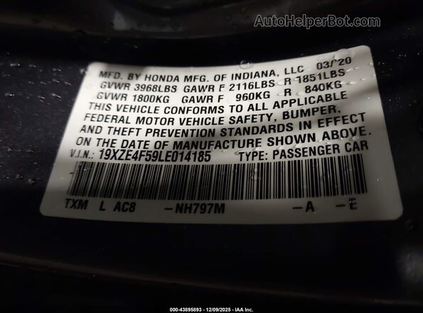 19XZE4F59LE014185 2020 HONDA INSIGHT Серый Вид подкапотного пространства