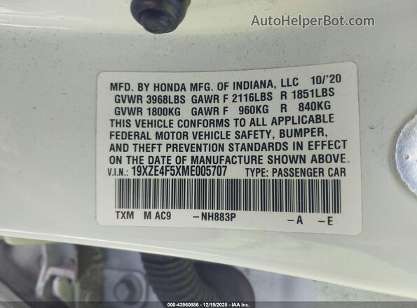 19XZE4F5XME005707 2021 HONDA INSIGHT Белый Вид подкапотного пространства