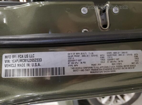 1C4PJMCB1LD652333 2020 JEEP CHEROKEE Зеленый Вид наклейки с VIN-кодом