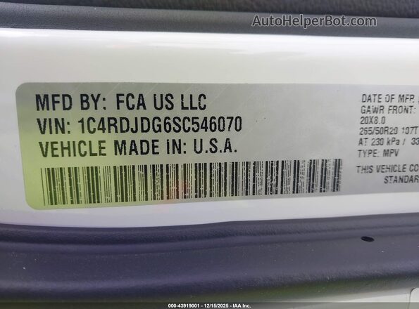 1C4RDJDG6SC546070 2025 DODGE DURANGO Белый Вид подкапотного пространства