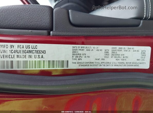 1C4RJEBG4MC783243 2021 JEEP GRAND CHEROKEE Maroon Շարժիչի բաժամունքի տեսք