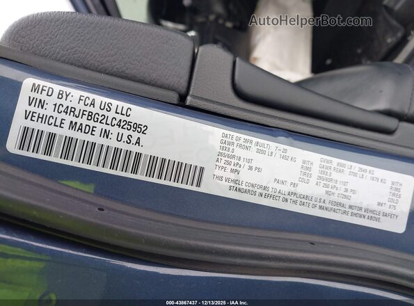 1C4RJFBG2LC425952 2020 JEEP GRAND CHEROKEE Серый Вид подкапотного пространства
