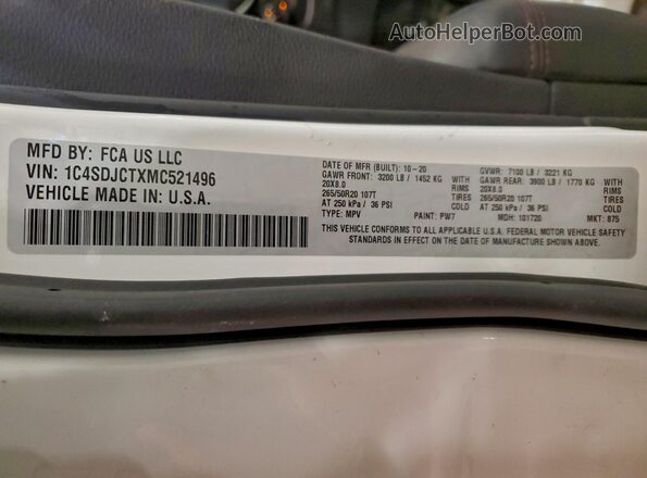 1C4SDJCTXMC521496 2021 DODGE DURANGO Белый Панорамный вид салона 360°