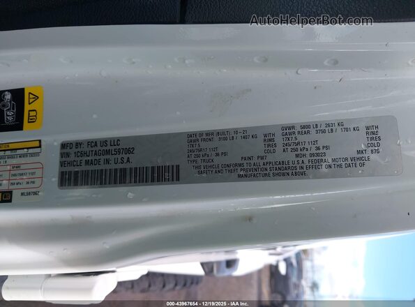 1C6HJTAG0ML597062 2021 JEEP GLADIATOR Белый Вид подкапотного пространства