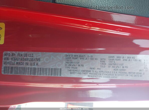 1C6HJTAG4ML551749 2021 JEEP GLADIATOR Красный Вид подкапотного пространства