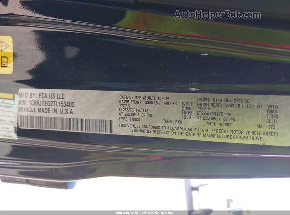 1C6RJTEG2TL153405 2026 JEEP GLADIATOR Черный Вид подкапотного пространства