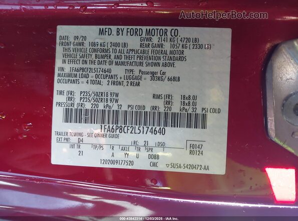 1FA6P8CF2L5174640 2020 FORD MUSTANG Maroon Շարժիչի բաժամունքի տեսք