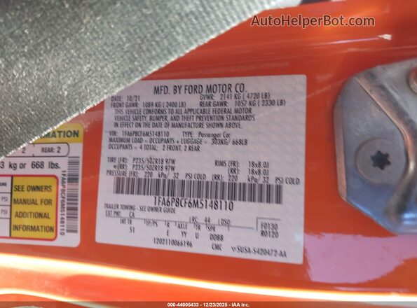 1FA6P8CF6M5148110 2021 FORD MUSTANG Оранжевый Вид подкапотного пространства