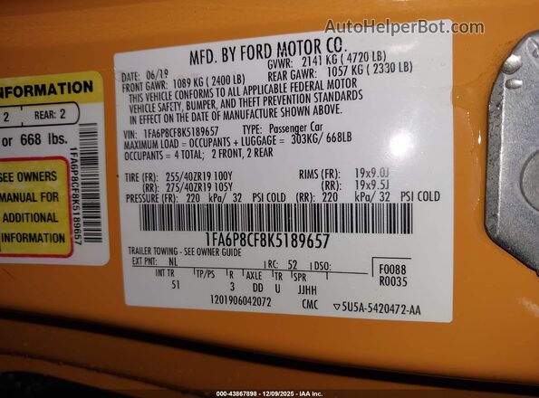 1FA6P8CF8K5189657 2019 FORD MUSTANG Оранжевый Вид подкапотного пространства