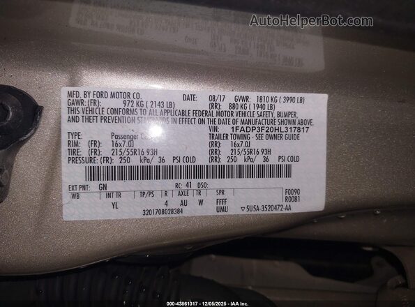 1FADP3F20HL317817 2017 FORD FOCUS Champagne Вид подкапотного пространства