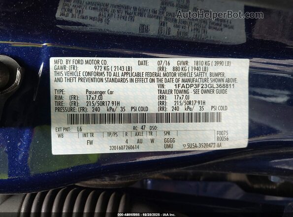 1FADP3F23GL368811 2016 FORD FOCUS Синий Вид подкапотного пространства