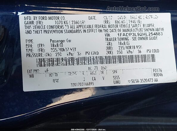 1FADP3L92HL254883 2017 FORD FOCUS ST Dark Blue Widok komory silnika