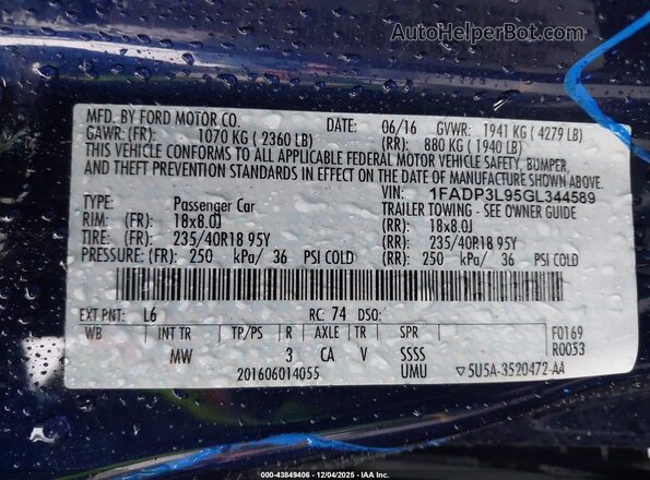 1FADP3L95GL344589 2016 FORD FOCUS ST Blue Vista del compartimento del motor